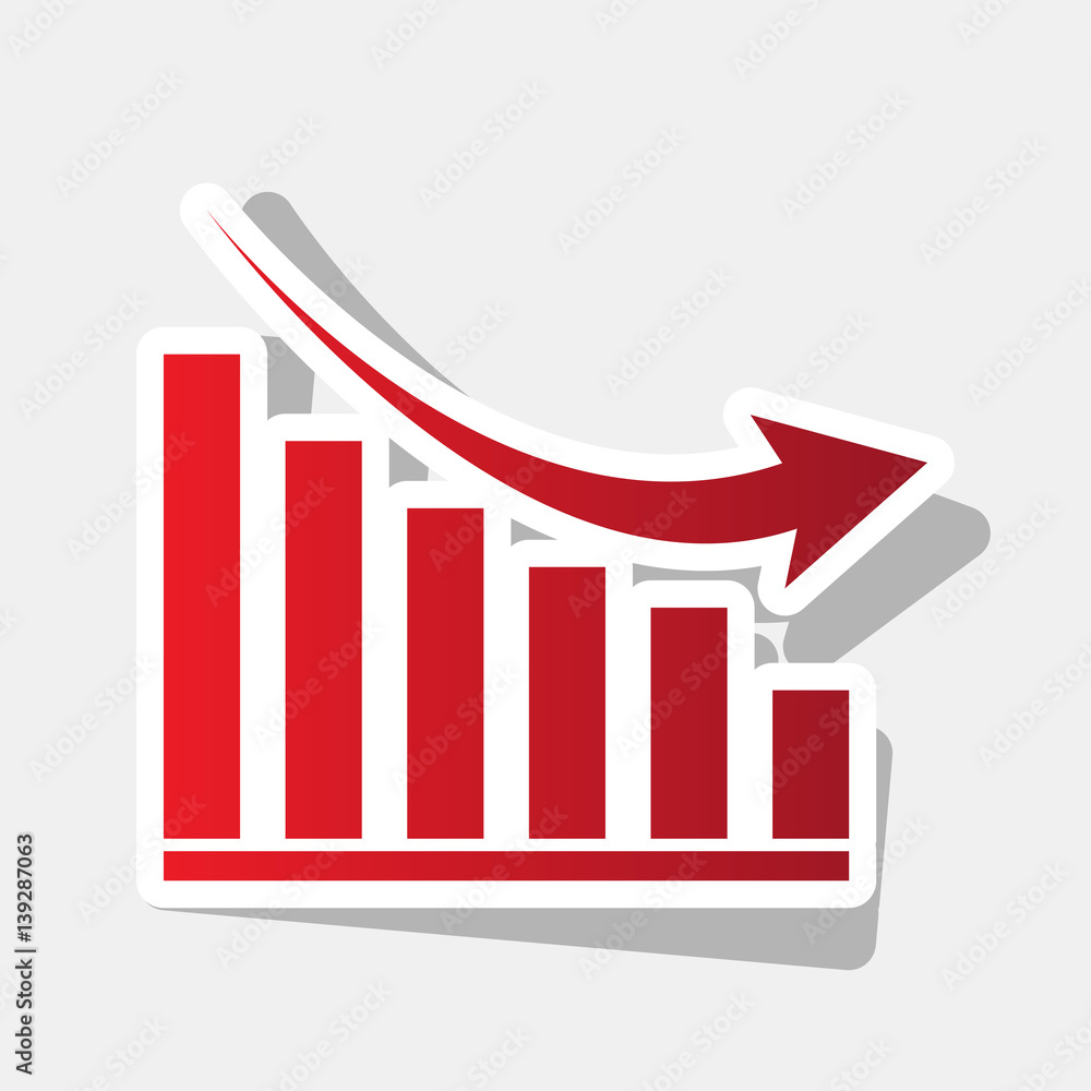 Poster declining graph sign. vector. new year reddish icon with outside stroke and gray shadow on light gra