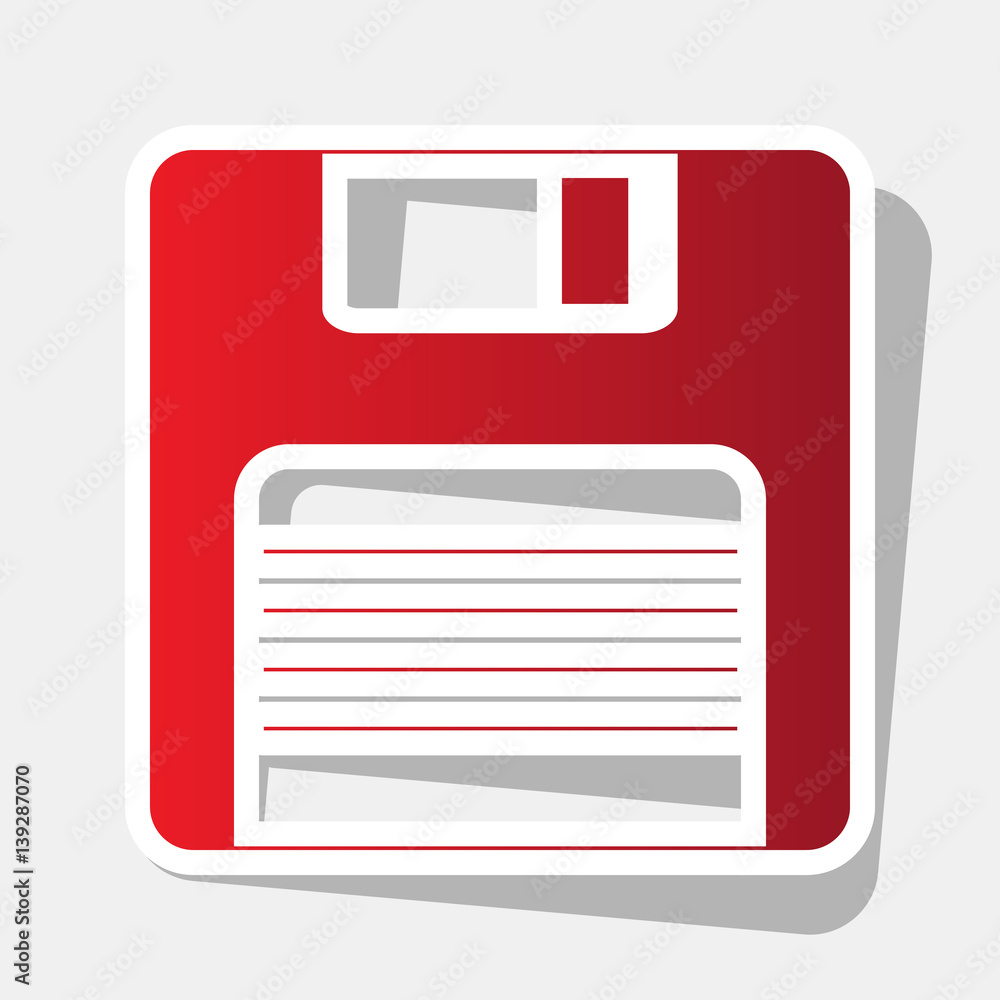 Poster floppy disk sign. vector. new year reddish icon with outside stroke and gray shadow on light gray ba