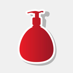 Gel, Foam Or Liquid Soap. Dispenser Pump Plastic Bottle silhouette. Vector. New year reddish icon with outside stroke and gray shadow on light gray background.