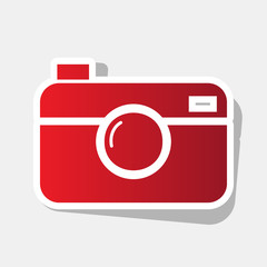 Digital photo camera sign. Vector. New year reddish icon with outside stroke and gray shadow on light gray background.