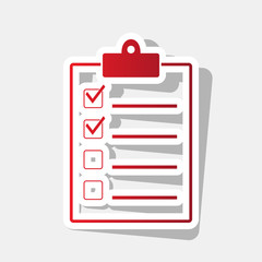 Checklist sign illustration. Vector. New year reddish icon with outside stroke and gray shadow on light gray background.