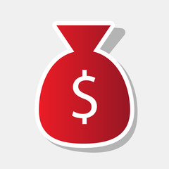 Money bag sign illustration. Vector. New year reddish icon with outside stroke and gray shadow on light gray background.