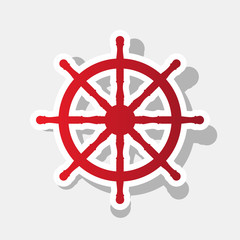 Ship wheel sign. Vector. New year reddish icon with outside stroke and gray shadow on light gray background.