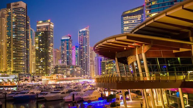 duabi marina famous yacht dock rooftop cafe panorama 4k time lapse uae
