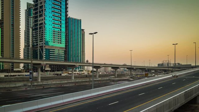 sunset sky dubai marina sheikh zayed traffic road panorama 4k time lapse uae
