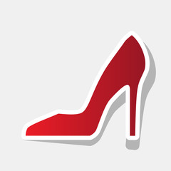 Woman shoe sign. Vector. New year reddish icon with outside stroke and gray shadow on light gray background.