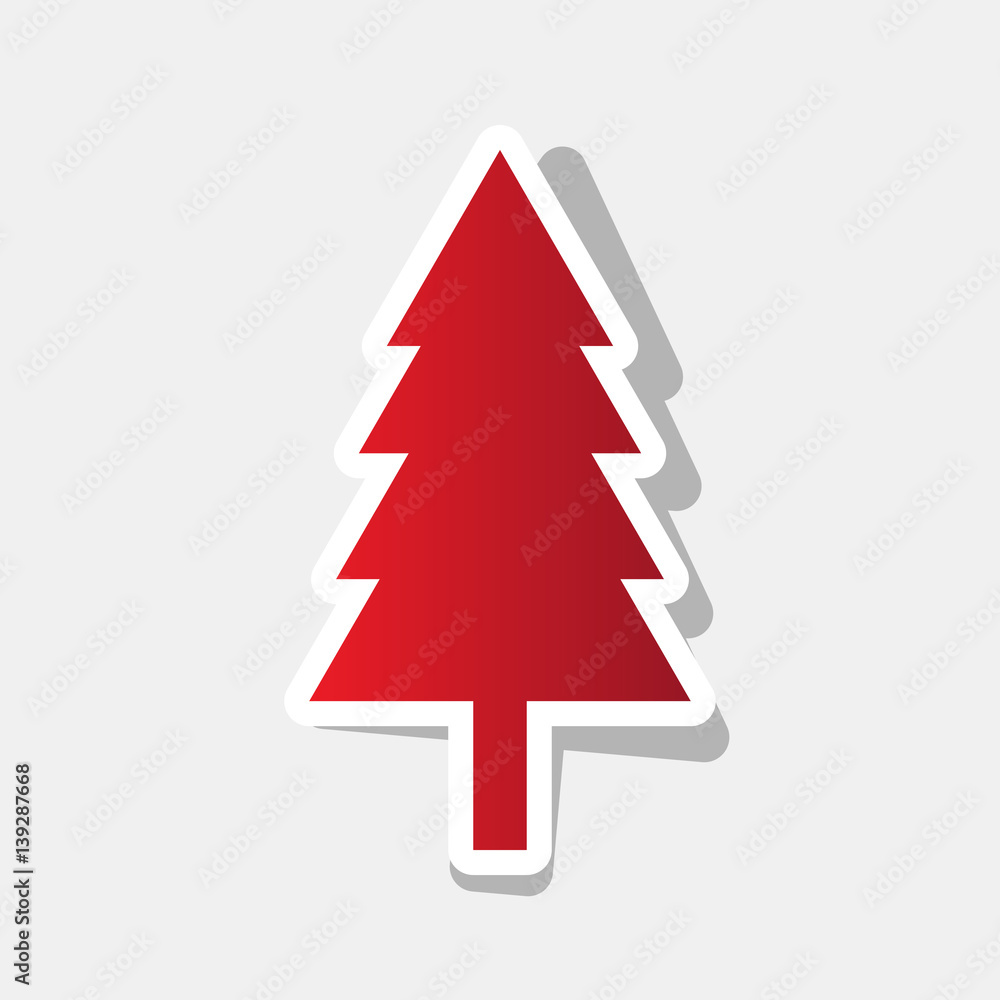 Poster new year tree sign. vector. new year reddish icon with outside stroke and gray shadow on light gray 