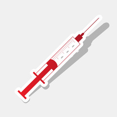 Syringe sign illustration. Vector. New year reddish icon with outside stroke and gray shadow on light gray background.