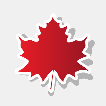 Maple leaf sign. Vector. New year reddish icon with outside stroke and gray shadow on light gray background.