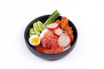 Jasmine rice with meat and boiled egg topped red sweet sauce .