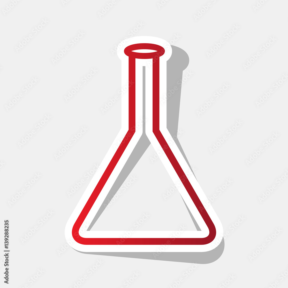 Poster conical flask sign. vector. new year reddish icon with outside stroke and gray shadow on light gray 