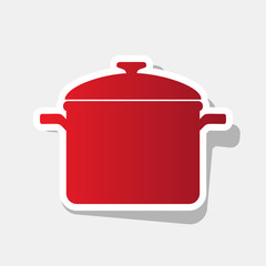 Cooking pan sign. Vector. New year reddish icon with outside stroke and gray shadow on light gray background.