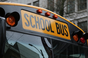 North American school bus windshield close up