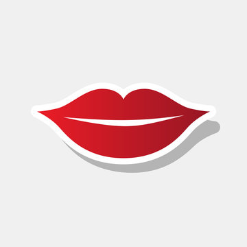 Lips sign illustration. Vector. New year reddish icon with outside stroke and gray shadow on light gray background.