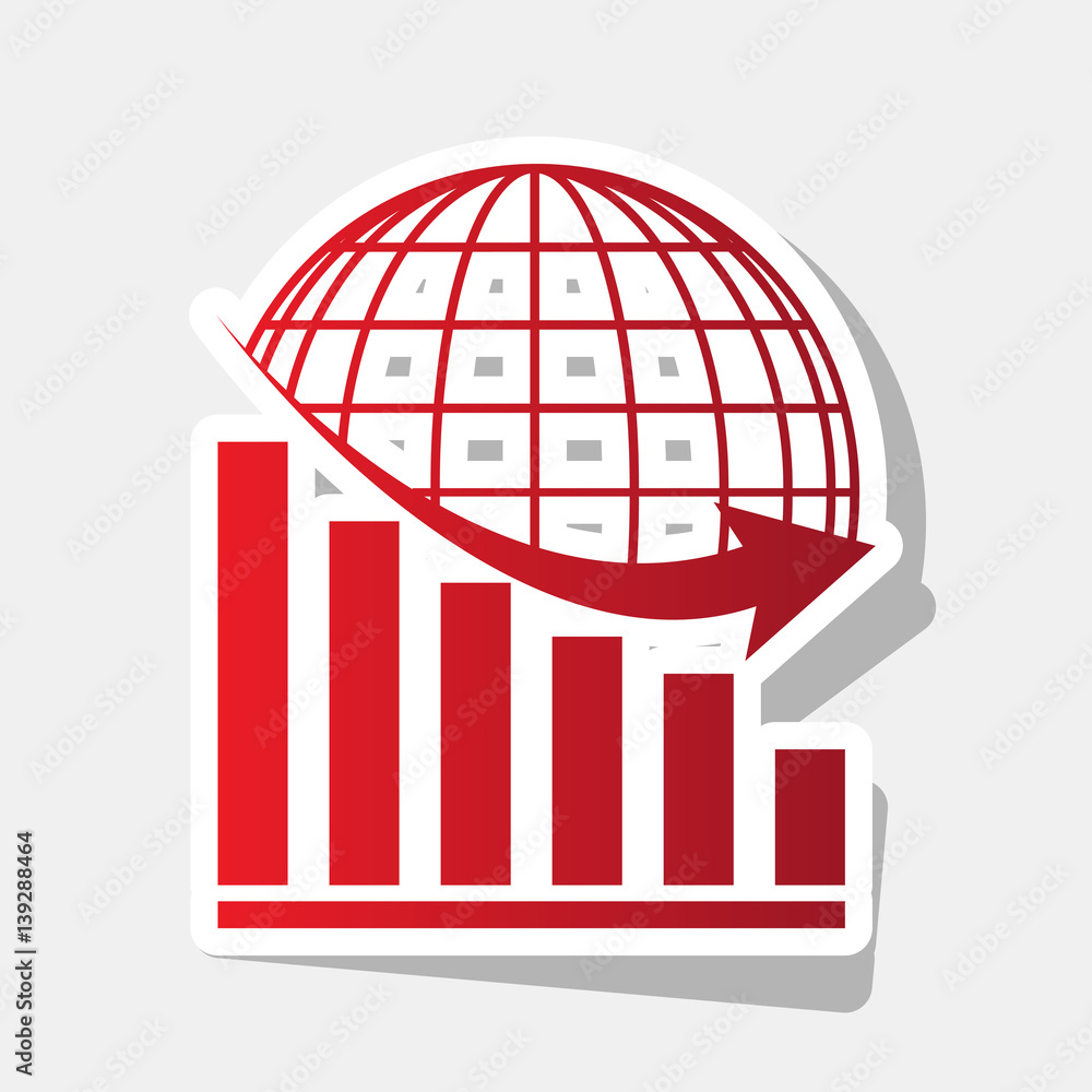 Poster declining graph with earth. vector. new year reddish icon with outside stroke and gray shadow on lig