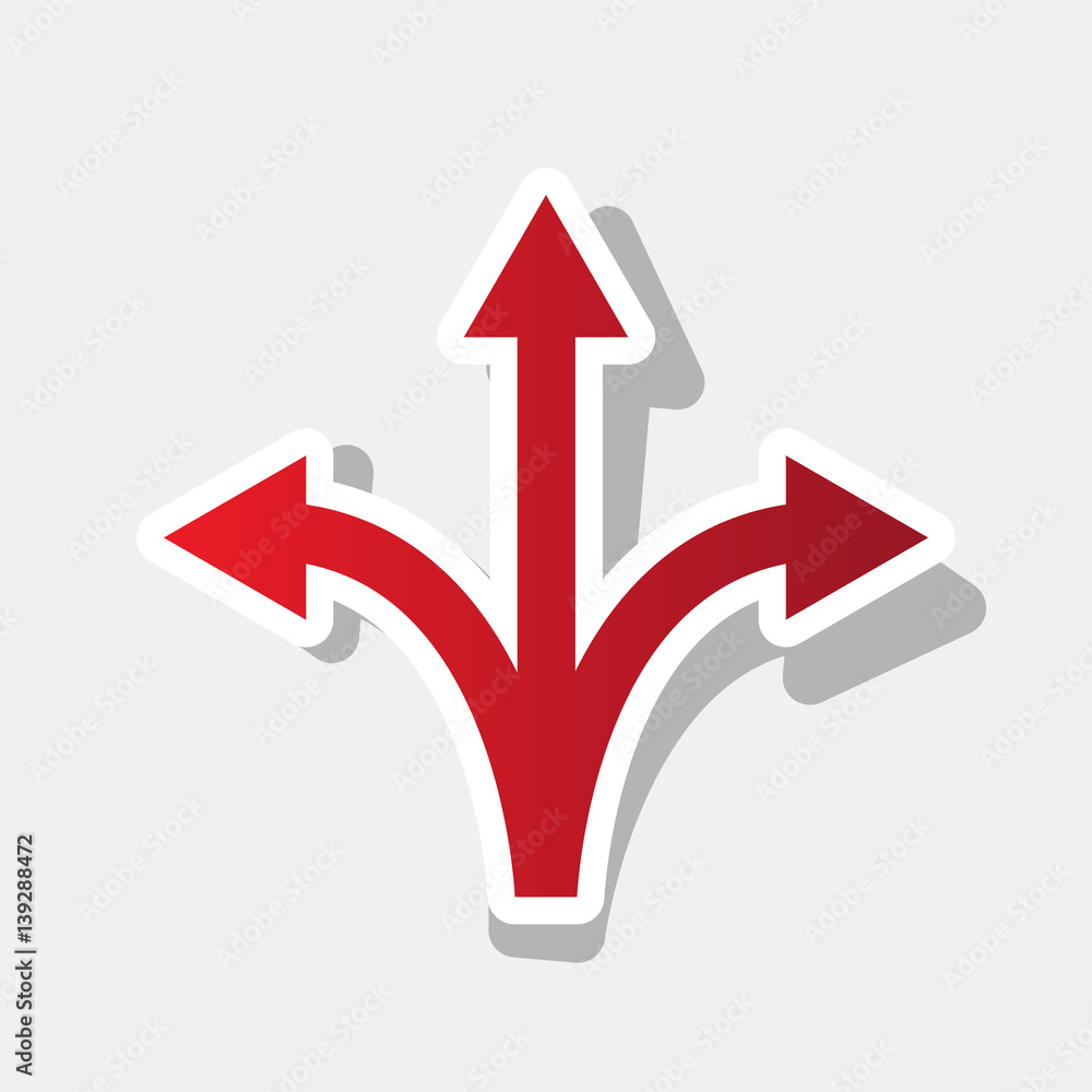 Aufkleber three-way direction arrow sign. vector. new year reddish icon with outside stroke and gray shadow on