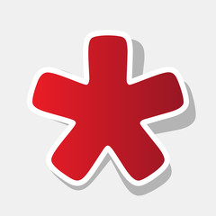 Fototapeta premium Asterisk star sign. Vector. New year reddish icon with outside stroke and gray shadow on light gray background.