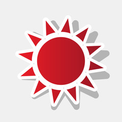 Sun sign illustration. Vector. New year reddish icon with outside stroke and gray shadow on light gray background.