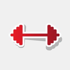 Dumbbell weights sign. Vector. New year reddish icon with outside stroke and gray shadow on light gray background.