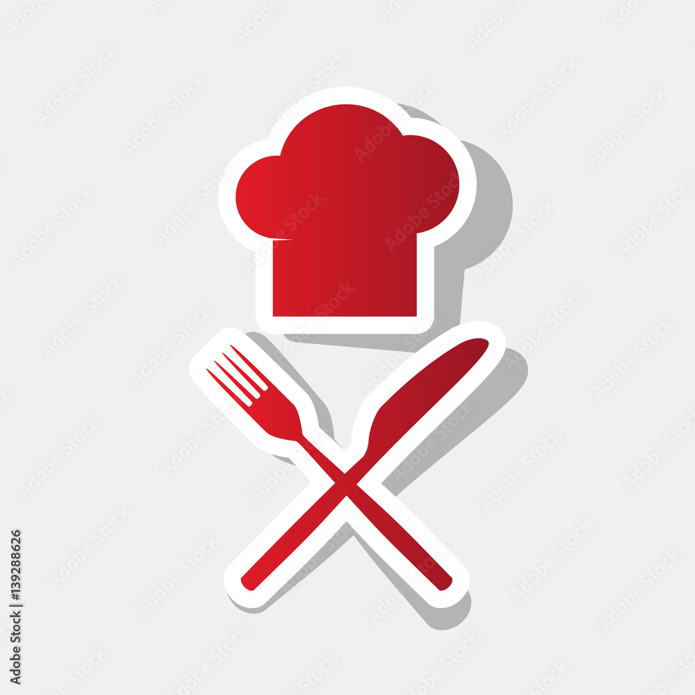 Poster chef with knife and fork sign. vector. new year reddish icon with outside stroke and gray shadow on 