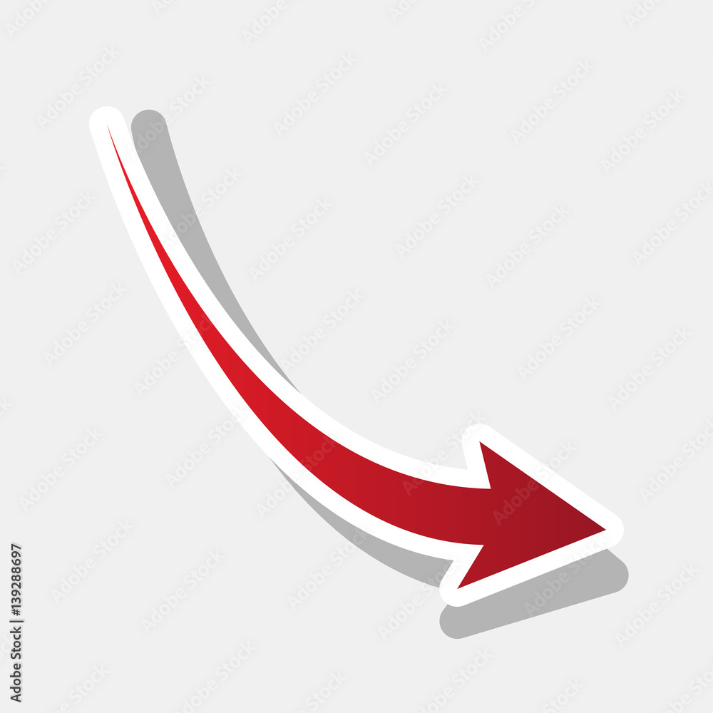 Poster declining arrow sign. vector. new year reddish icon with outside stroke and gray shadow on light gra
