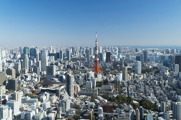 東京都市風景　昼　六本木から望む東京タワーと都心全景