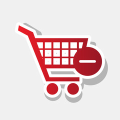 Vector Shopping Cart with Remove sign. Vector. New year reddish icon with outside stroke and gray shadow on light gray background.