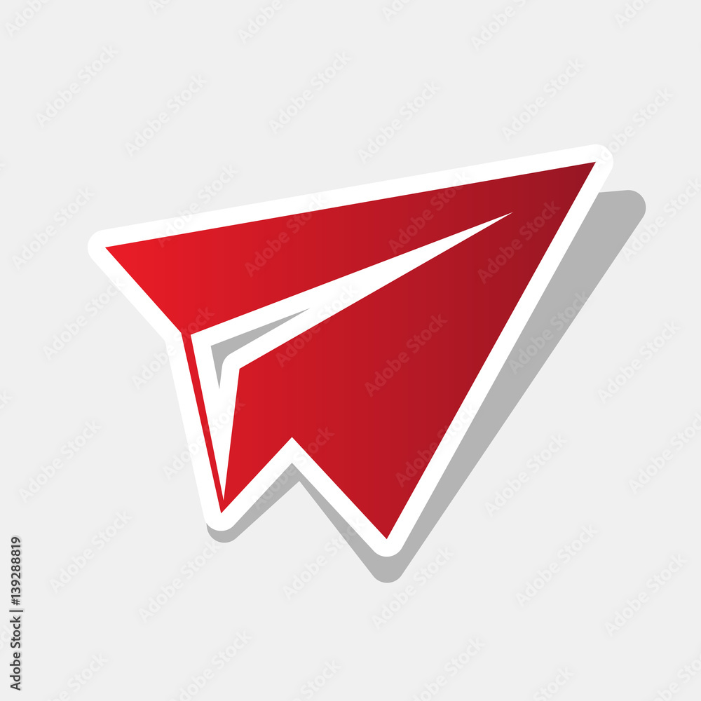 Poster paper airplane sign. vector. new year reddish icon with outside stroke and gray shadow on light gray