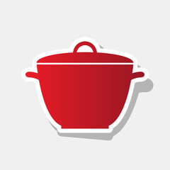 Saucepan simple sign. Vector. New year reddish icon with outside stroke and gray shadow on light gray background.