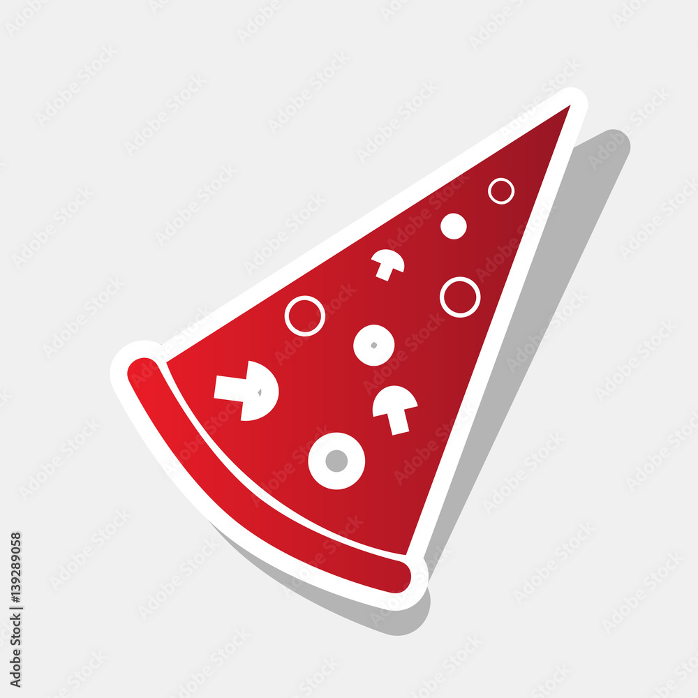Poster pizza simple sign. vector. new year reddish icon with outside stroke and gray shadow on light gray b