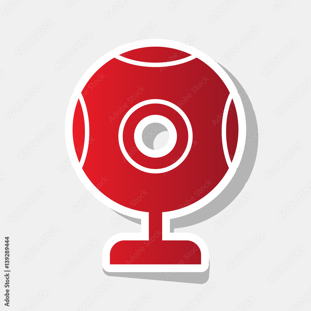 Poster chat web camera sign. vector. new year reddish icon with outside stroke and gray shadow on light gra