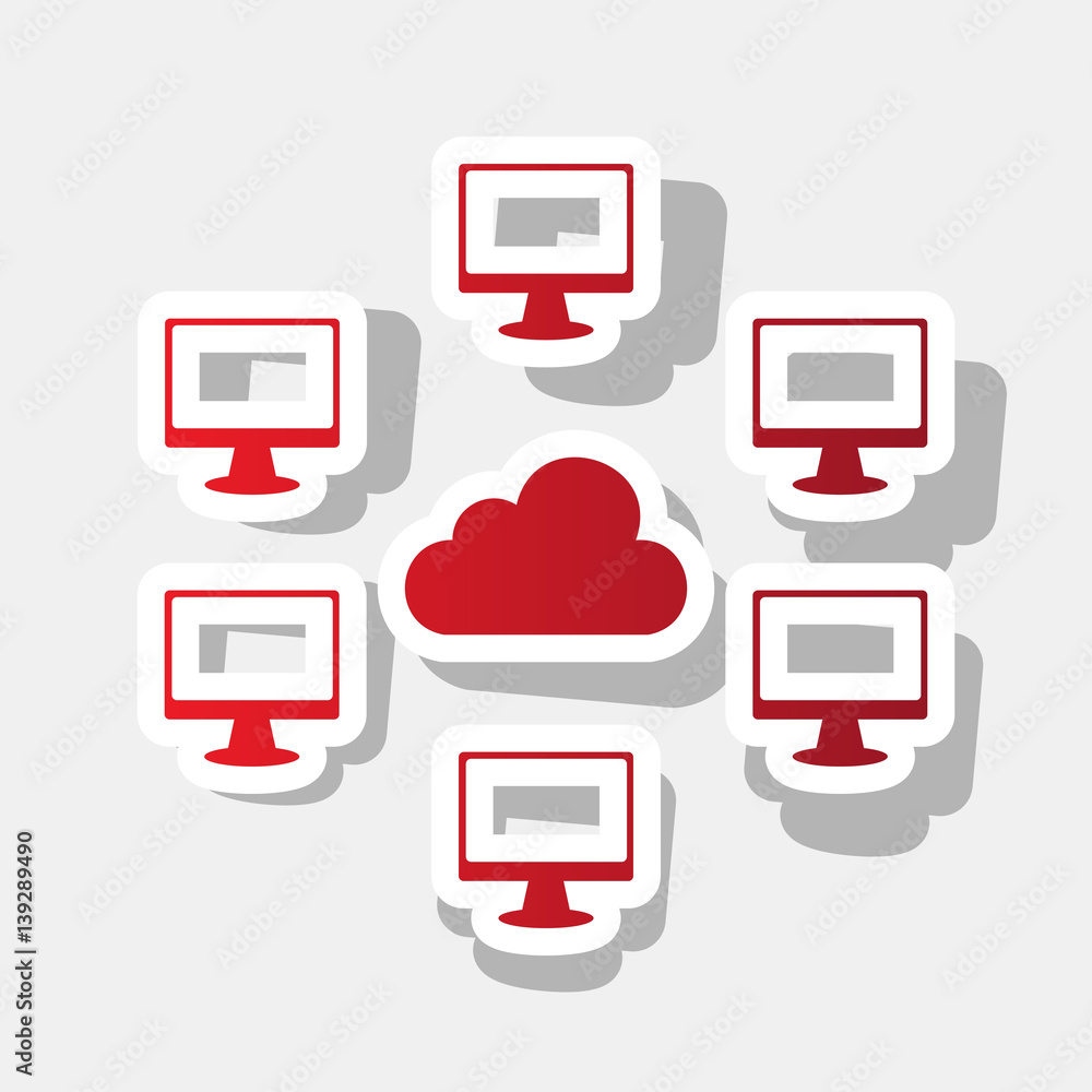 Aufkleber computers network sign. vector. new year reddish icon with outside stroke and gray shadow on light g