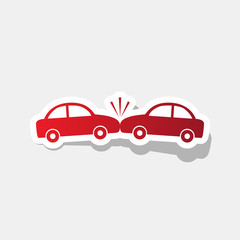 Crashed Cars sign. Vector. New year reddish icon with outside stroke and gray shadow on light gray background.