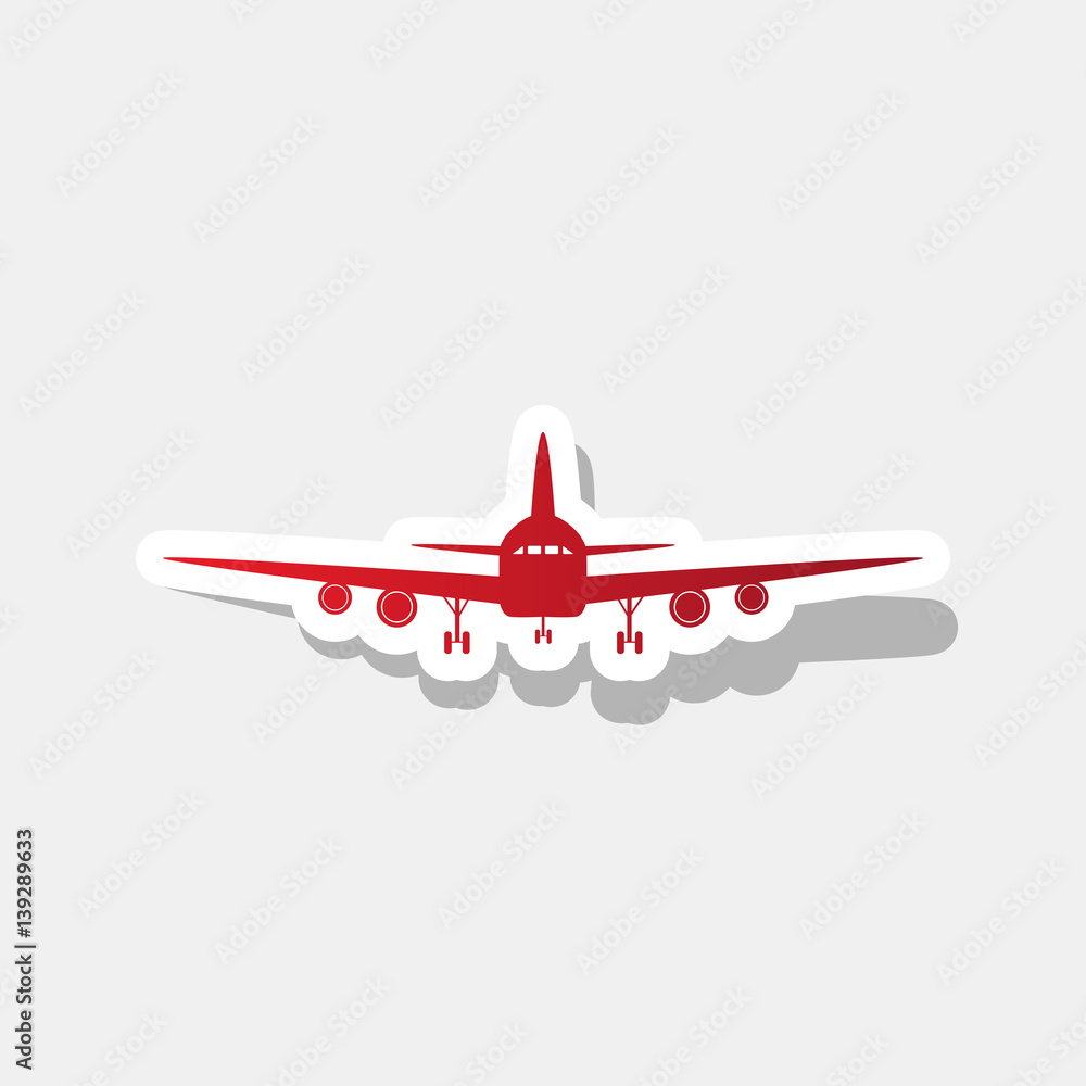 Poster flying plane sign. front view. vector. new year reddish icon with outside stroke and gray shadow on 