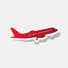 Flying Plane sign. Side view. Vector. New year reddish icon with outside stroke and gray shadow on light gray background.