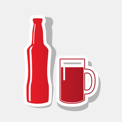 Beer bottle sign. Vector. New year reddish icon with outside stroke and gray shadow on light gray background.