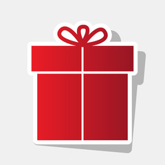 Gift sign. Vector. New year reddish icon with outside stroke and gray shadow on light gray background.