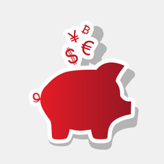 Piggy bank sign with the currencies. Vector. New year reddish icon with outside stroke and gray shadow on light gray background.