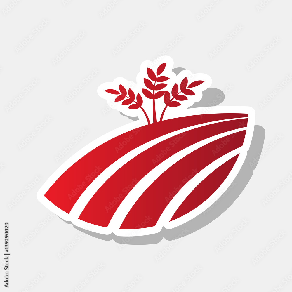 Poster wheat field sign. vector. new year reddish icon with outside stroke and gray shadow on light gray ba