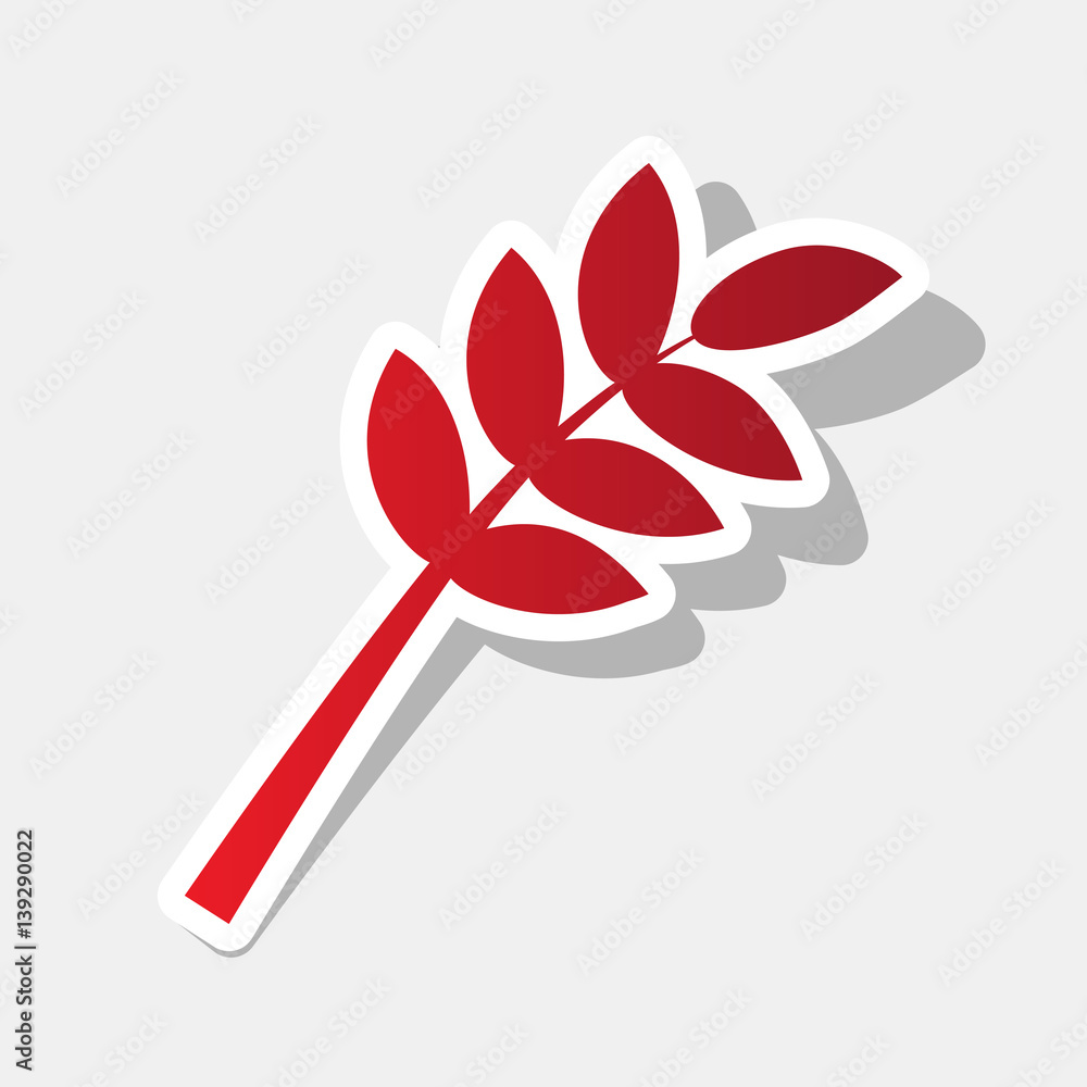 Poster tree branch sign. vector. new year reddish icon with outside stroke and gray shadow on light gray ba