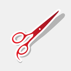 Hair cutting scissors sign. Vector. New year reddish icon with outside stroke and gray shadow on light gray background.