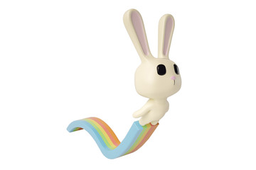 A cartoon rabbit jumping on a rainbow,3D illustration.