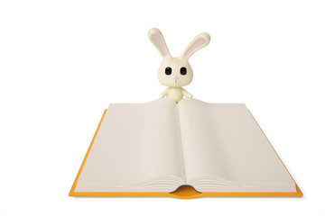 Cartoon white rabbit with books,3D illustration.