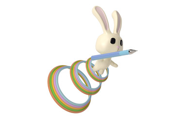 A cartoon bunny with a  pen,3D illustration.