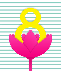 Vector cut out paper 8 march with pink flower greeting card transparent shadow spring holiday 