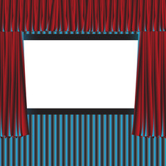 Interior of a cinema movie theater with copy space on the screen red curtains.