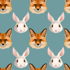Vector fox and bunny portraits seamless pattern wild animals fabrik design