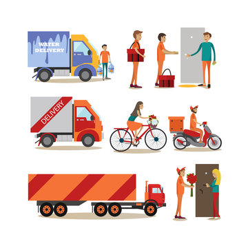 Vector flat icons set of food delivery people