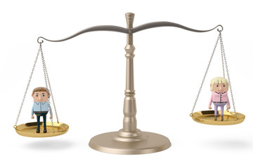 A  man and woman on the scales,3D illustration.
