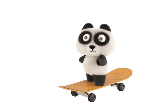 A panda standing on skateboard.3D illustration.